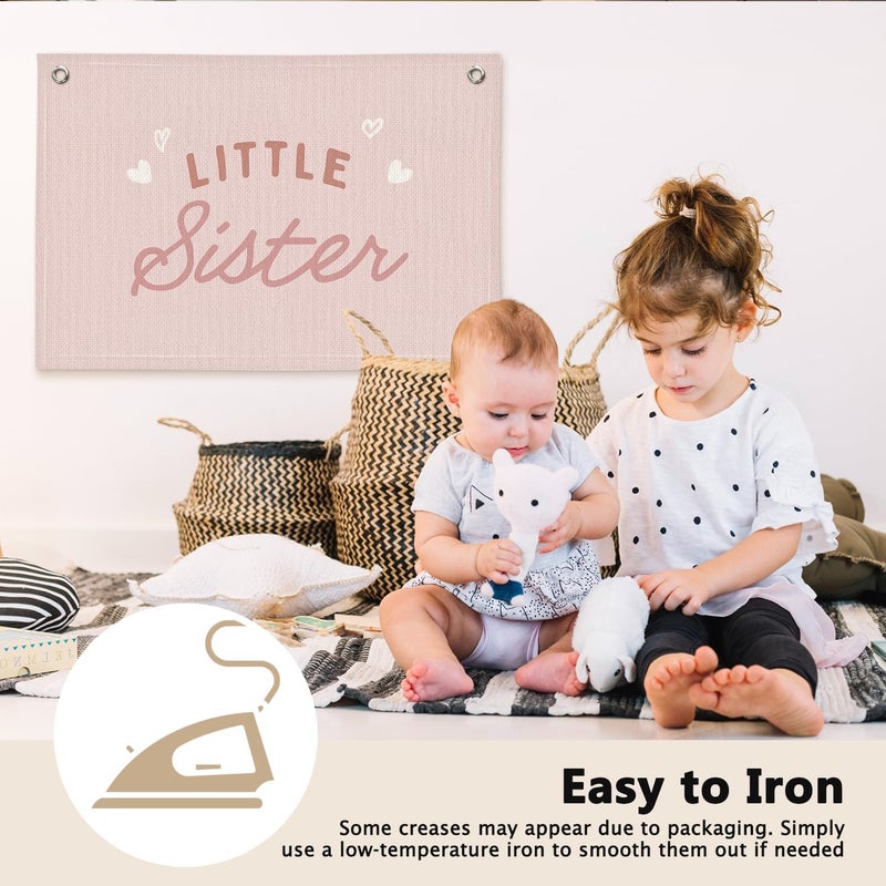 ETVISO Pink Little Sister Girls Room Decor - Linen Banner Wall Hanging Canvas Banner Flag Decor for Girly Nursery Toddler Playroom Bedroom Dorm Apartment - Image 4